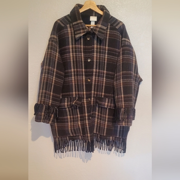 H&M Wool Blend Plaid Fringed Shacket Jacket Manteco Woven In Italy Collection XL - Picture 6 of 12
